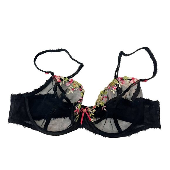 Freya Plunge Balcony Bra Black Mesh Pink Green Floral Lingerie - Size Medium - Picture 1 of 3